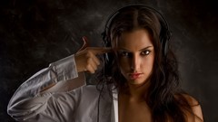 Woman headphones brown eyes brunettes models open shirt julia 