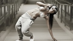 Woman headphones outdoors brunettes bra breakdancing baseball 