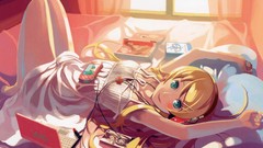 Woman headphones smiling anime girls kousaka kirino lying down 