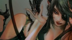 Woman horns green hair artwork video games long ears eyepatch 