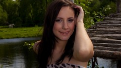 Woman Horses lakes outdoors smiling brunettes models boobs 