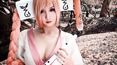 Woman instruments pink hair blue eyes flute braids cleavage 