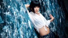 Woman jeans asians brunettes bangs models black hair Korean Ryu 