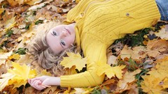 Woman jeans blondes autumn leaves models sweaters