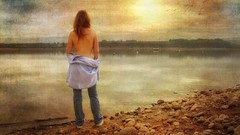 Woman jeans blondes back view riverside topless