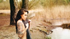 Woman jeans outdoors tattoos brunettes arabella drummond 