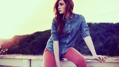 Woman jeans redheads pale skin wooden planks