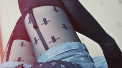 Woman jeans Shorts legs stockings pantyhose lying down denim 