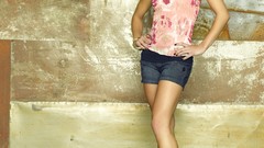 Woman jeans Shorts smiling brunettes black eyes dark eyes denim 