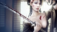 Woman Katana blood Swords asians cleavage artwork Mario Wibisono