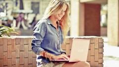 Woman Laptops outdoors blondes sony vaio smiling