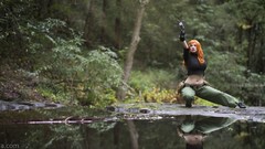 Woman legs outdoors forests orange hair girls with weapons 