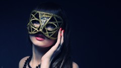 Woman lips blue background masks models black hair Venetian 