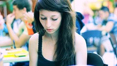 Woman lips looking down shoulders long hair brunettes freckles 