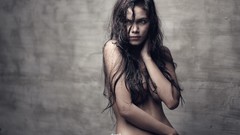 Woman long hair brunettes Athena artistic strategic covering