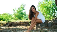 Woman long hair brunettes white dress models girls in nature 