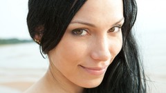 Woman long hair models black hair sea shorelines Met-Art 