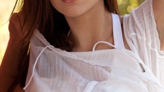 Woman long hair white dress models arms raised pornstars hand 