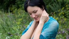 Woman looking down smiling brunettes short hair models girls in 