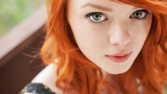 Woman makeup long hair green eyes redheads pale skin Lass-model 