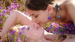 Woman meadows blondes brunettes models lying down nude kissing 