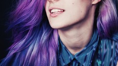 Woman models purple hair Chloe Norgaard