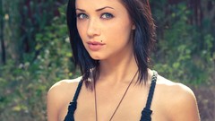 Woman mole outdoors blue eyes brunettes cleavage portraits 