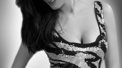 Woman monochrome earrings smiling cleavage necklaces Dominique 