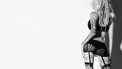 Woman monochrome stockings blondes tattoos grayscale garter 