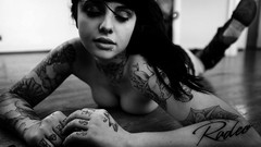 Woman monochrome tattoos piercings greyscale topless Radeo 