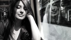 Woman monochrome window panes face expressions