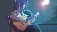 Woman moonlight window guitars