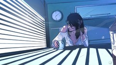 Woman mugs clocks sunlight artwork window blinds