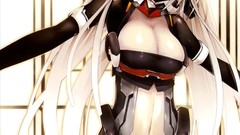 Woman navel white hair vertical long hair brown eyes headsets 