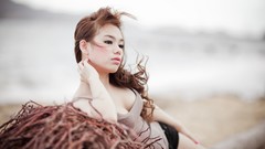 Woman outdoors asians brunettes models cleavage boobs windy 