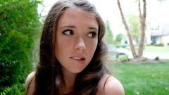 Woman outdoors brown eyes brunettes freckles biting lips