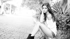 Woman outdoors brunettes grayscale denim shorts Paris Nichole