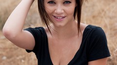 Woman outdoors smiling blue eyes brunettes cleavage portraits 