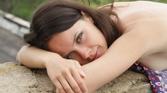 Woman outdoors smiling brunettes lying down Evgenya