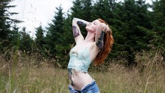 Woman outdoors tattoos models redheads denim shorts suicide 
