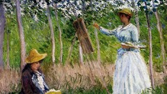 Woman paintings impressionism forests Claude Monet easel