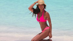 Woman Panama Beaches asians brunettes models kneeling beach 