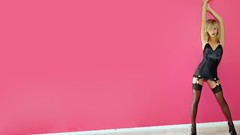 Woman pink background stockings blondes lingerie Polish arms 