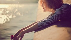 Woman Profile bokeh sunlight short hair Leaning striped top