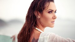 Woman Profile wet blurred tattoos long hair blue eyes brunettes 