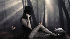 Woman rabbits hats corset forests fantasy art artistic fishnet 