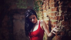 Woman red dress tank tops black hair brick wall Samantha Laura 