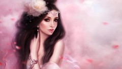 Woman red eyes faces brunettes artwork fantasy art Ruoxing Zhang