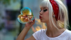 Woman reflections outdoors blondes soap bubbles blowing bubbles