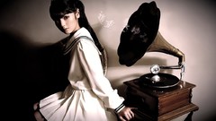 Woman retro gramophone vintage asians bangs models